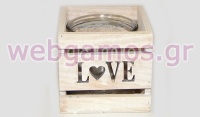 ΞΥΛΙΝΟ ΤΕΤΡΑΓΩΝΟ ΚΗΡΟΠΗΓΙΟ LOVE ΜΕ ΓΥΑΛΑ 12cm x 12cm x 11cm 0619012